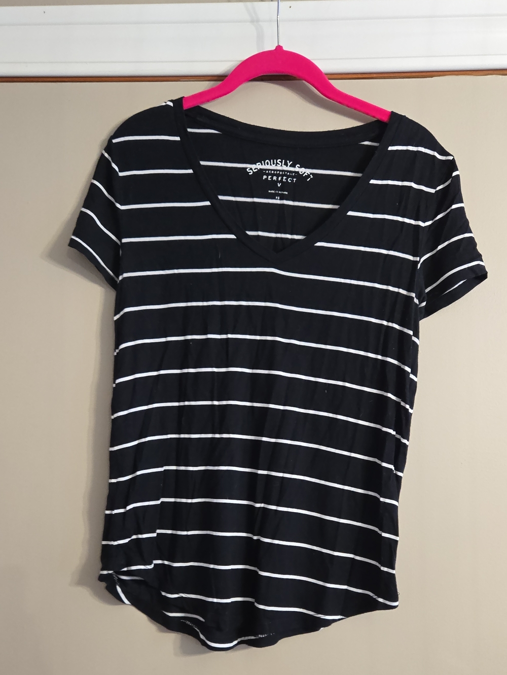 Aeropostale Black and White Striped V-Neck Tee